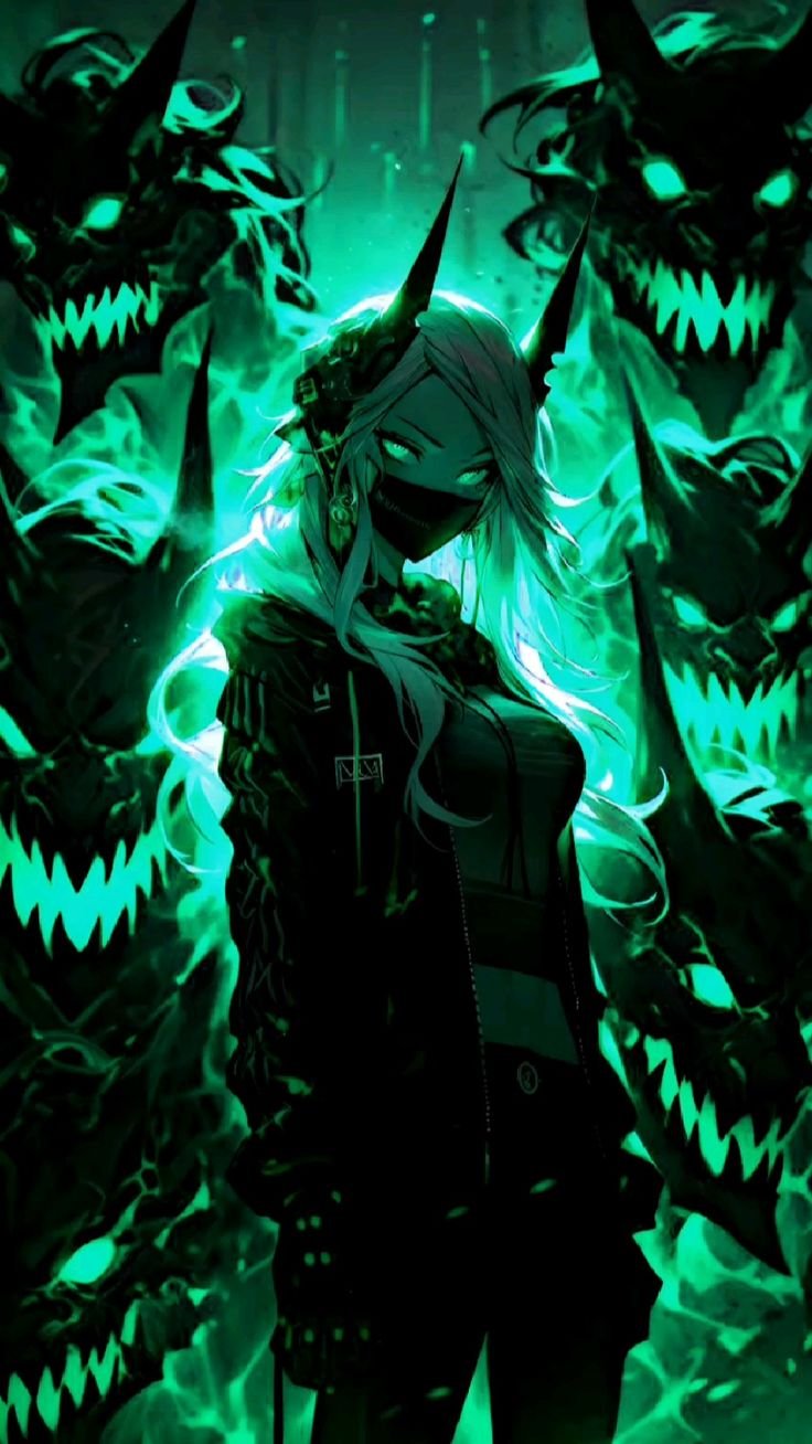 Cyan Oni Mask Girl — dark high-contrast scene, portrait composition