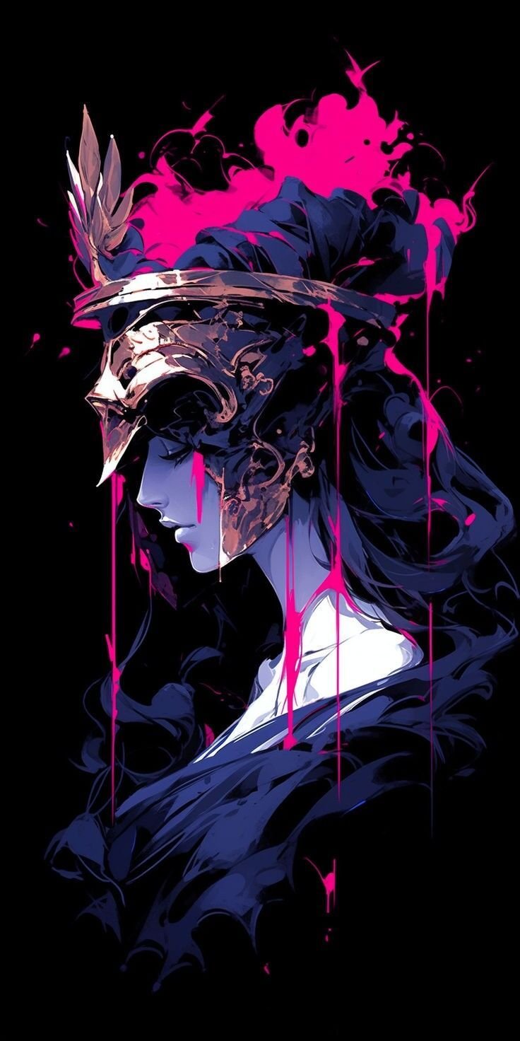 Pink Halo Warrior — dark high-contrast scene, portrait composition