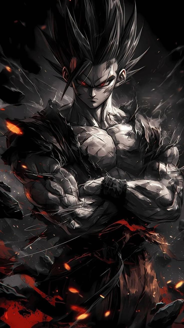 Goku Arms Crossed — dark high-contrast scene, portrait composition