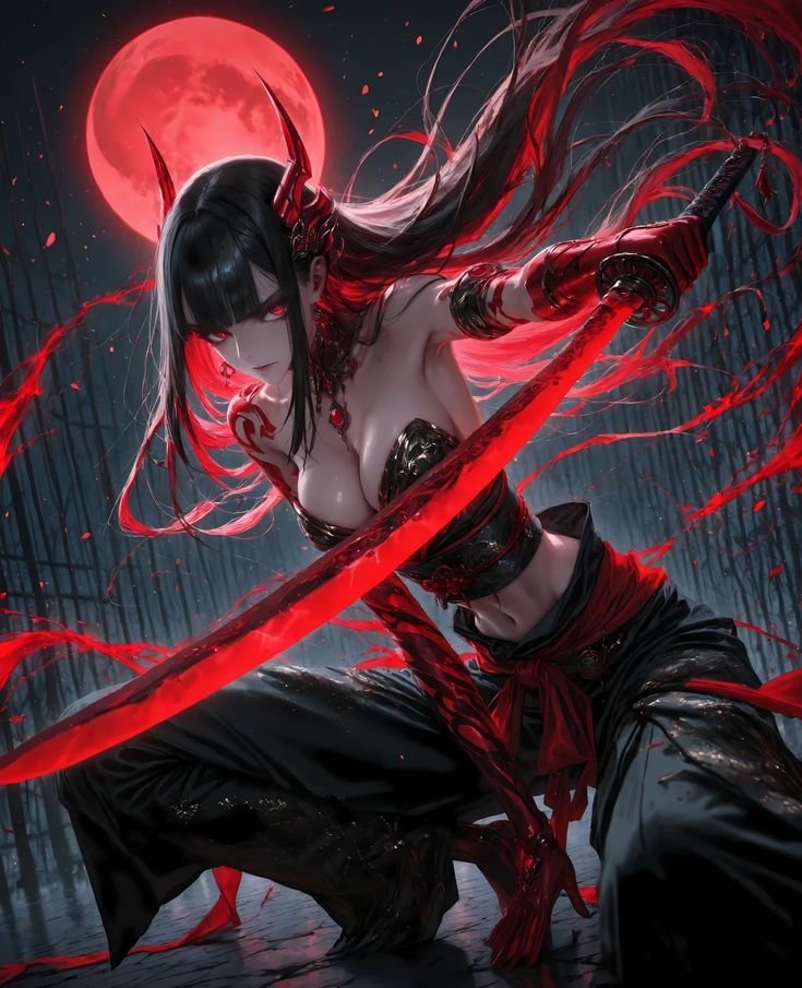 Red Moon Katana Girl — portrait composition